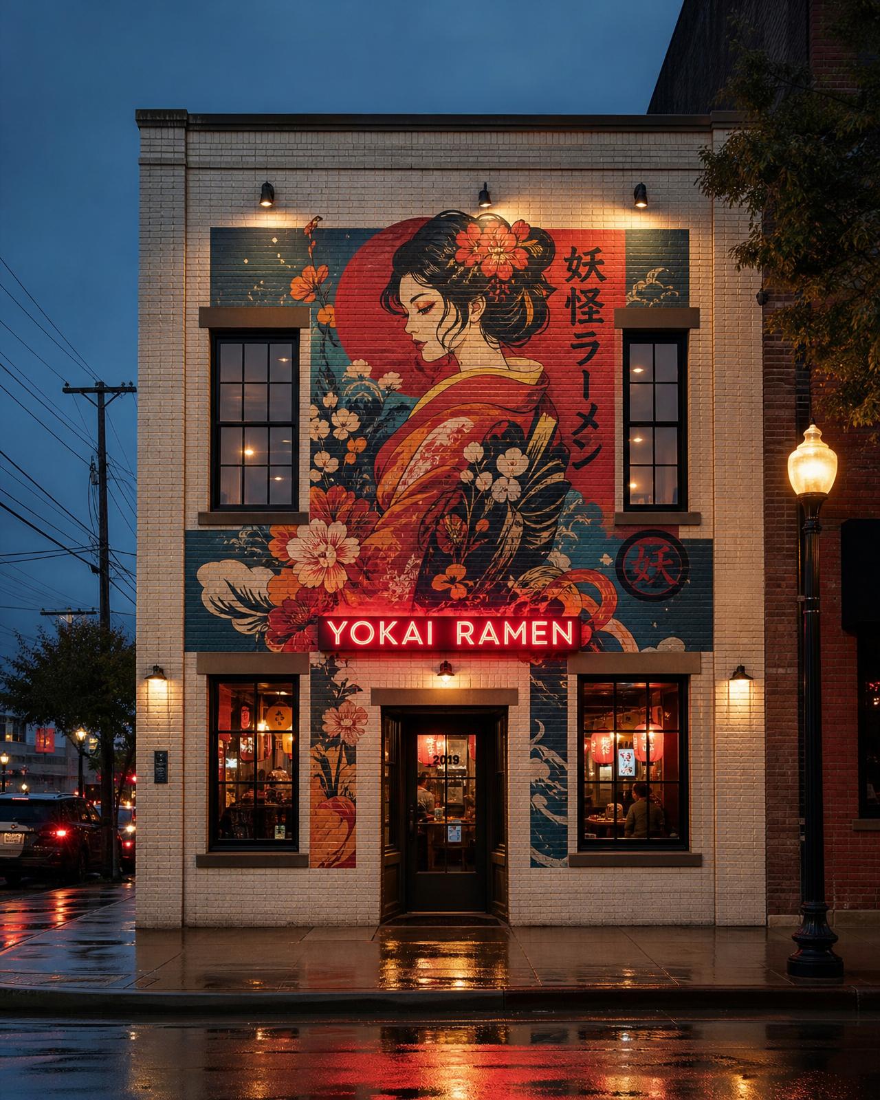 Storefront brick mural with clean bleed margins around the windows, door, and building edges