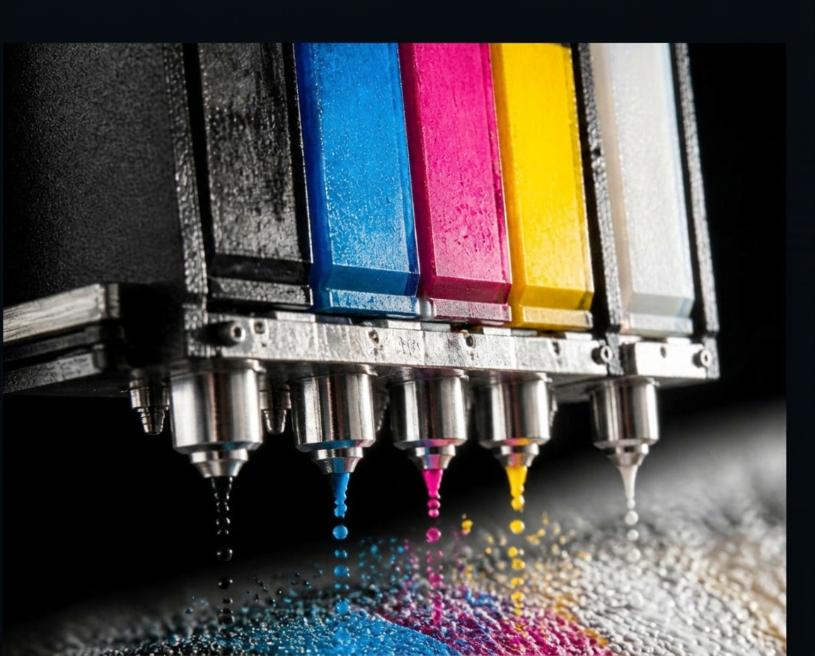 Close-up of CMYK plus white ink printheads laying down ink on a surface