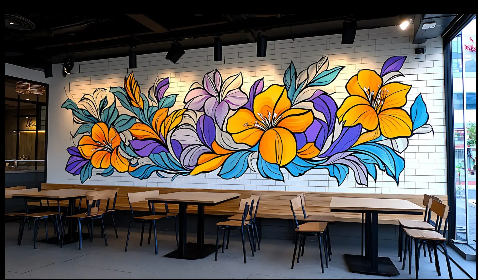 Café seating area with a large printed floral mural spanning the white tile wall