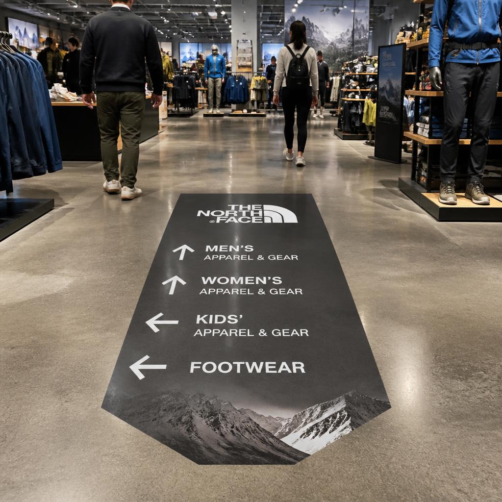 Branded floor graphics that direct traffic.
