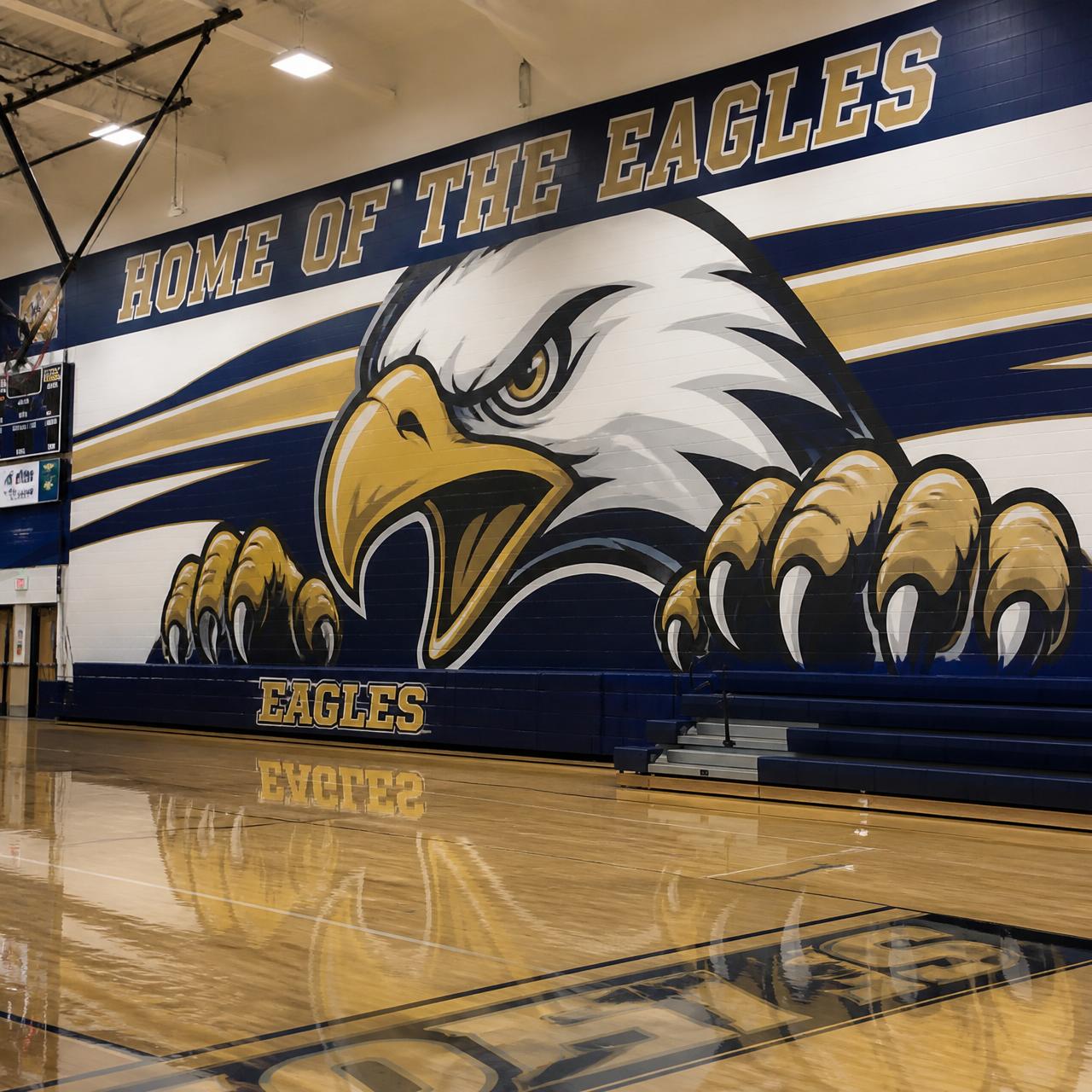 Mascots that fill the gym wall.